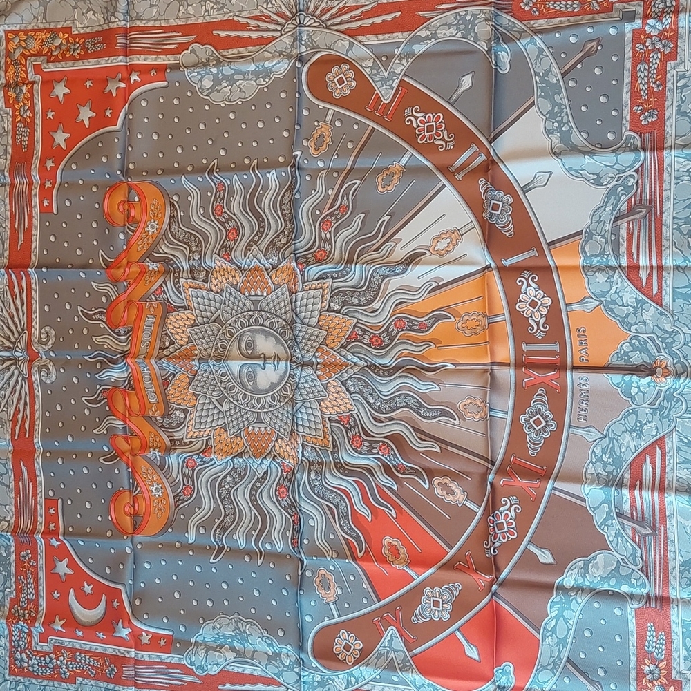 Gray and orange Hermes silk scarf